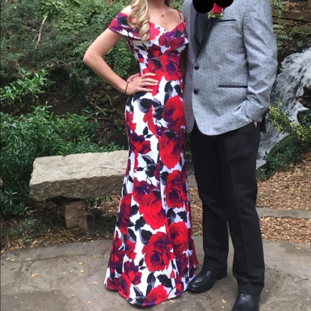 Beautiful red, purple, and white floral prom dress